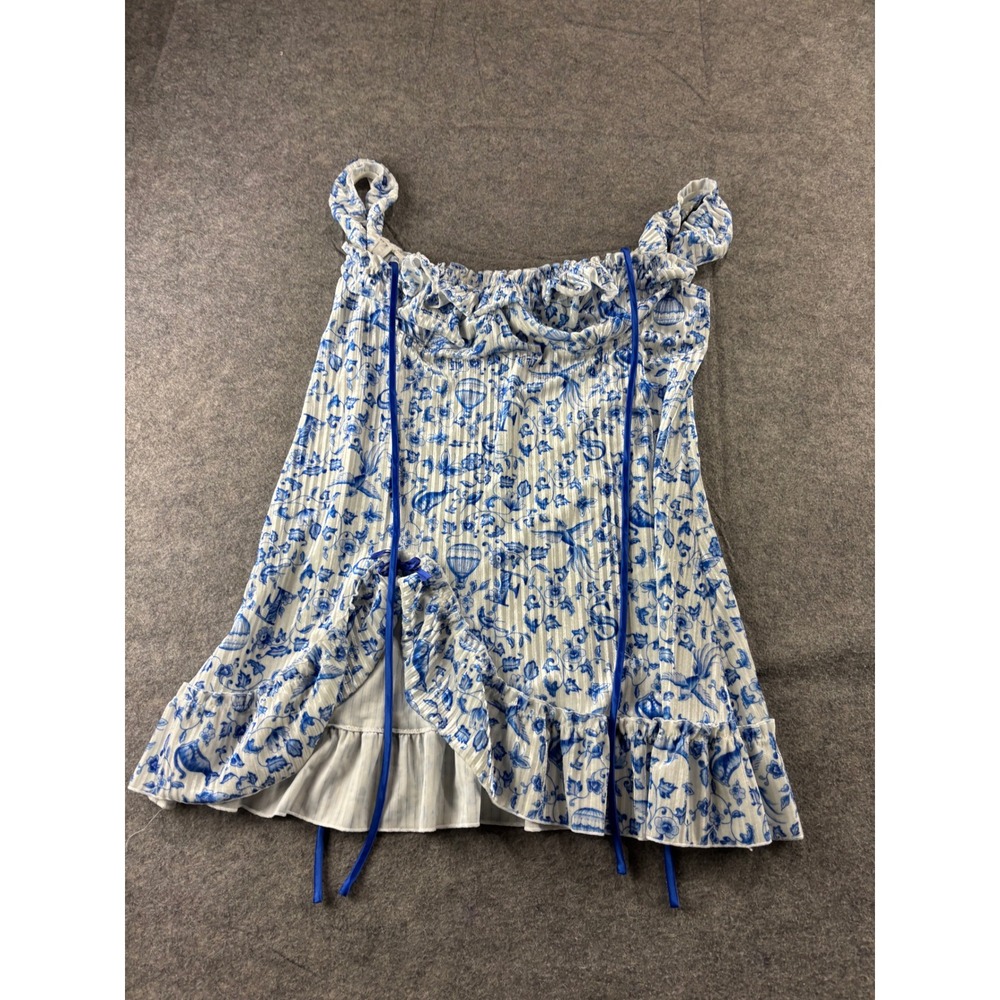 Savage X Fenty Blue White Toile Pleated Babydoll Ruffle Top Dainty Sexy Women L